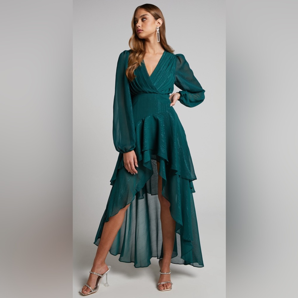 SHOWPO: CLAUDITA MIDI DRESS - LONG SLEEVE HIGH LOW HEM DRESS IN EMERALD
